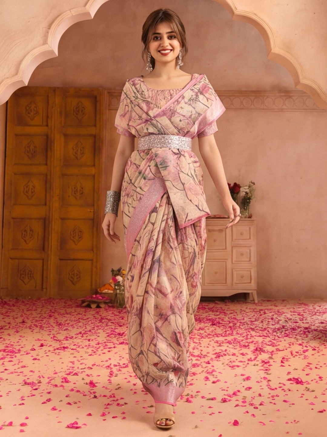 Beige Pink Floral Print Linen Zari Saree with Belt Digital Print Zari Border Festive Party Saree