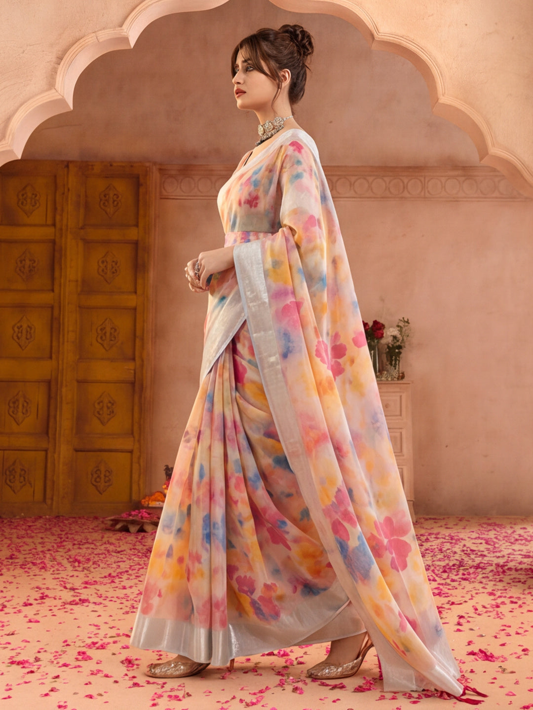 Multicolor Butterfly Print Linen Zari Saree with Belt Digital Print Zari Border Party Wear Saree