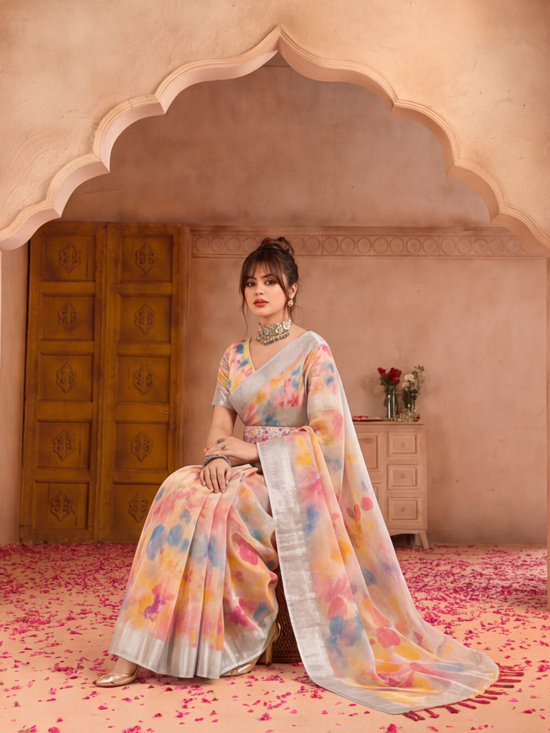 Multicolor Butterfly Print Linen Zari Saree with Belt Digital Print Zari Border Party Wear Saree