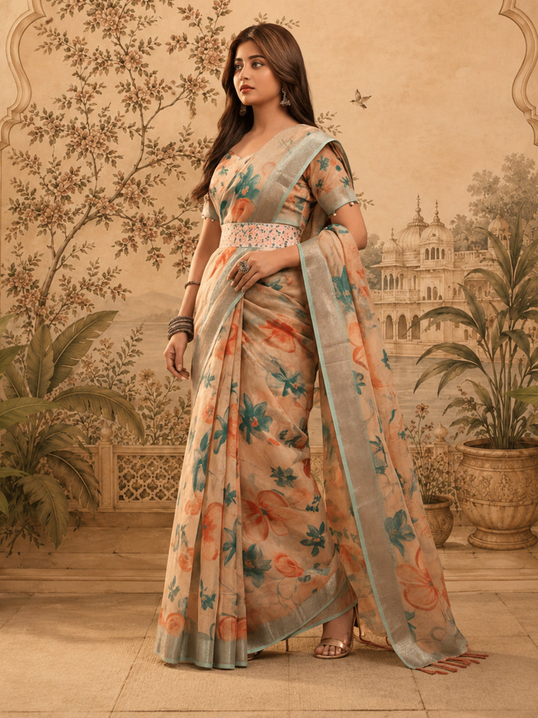 Beige Floral Digital Print Linen Zari Saree with Belt Zari Border Lightweight Festive Saree