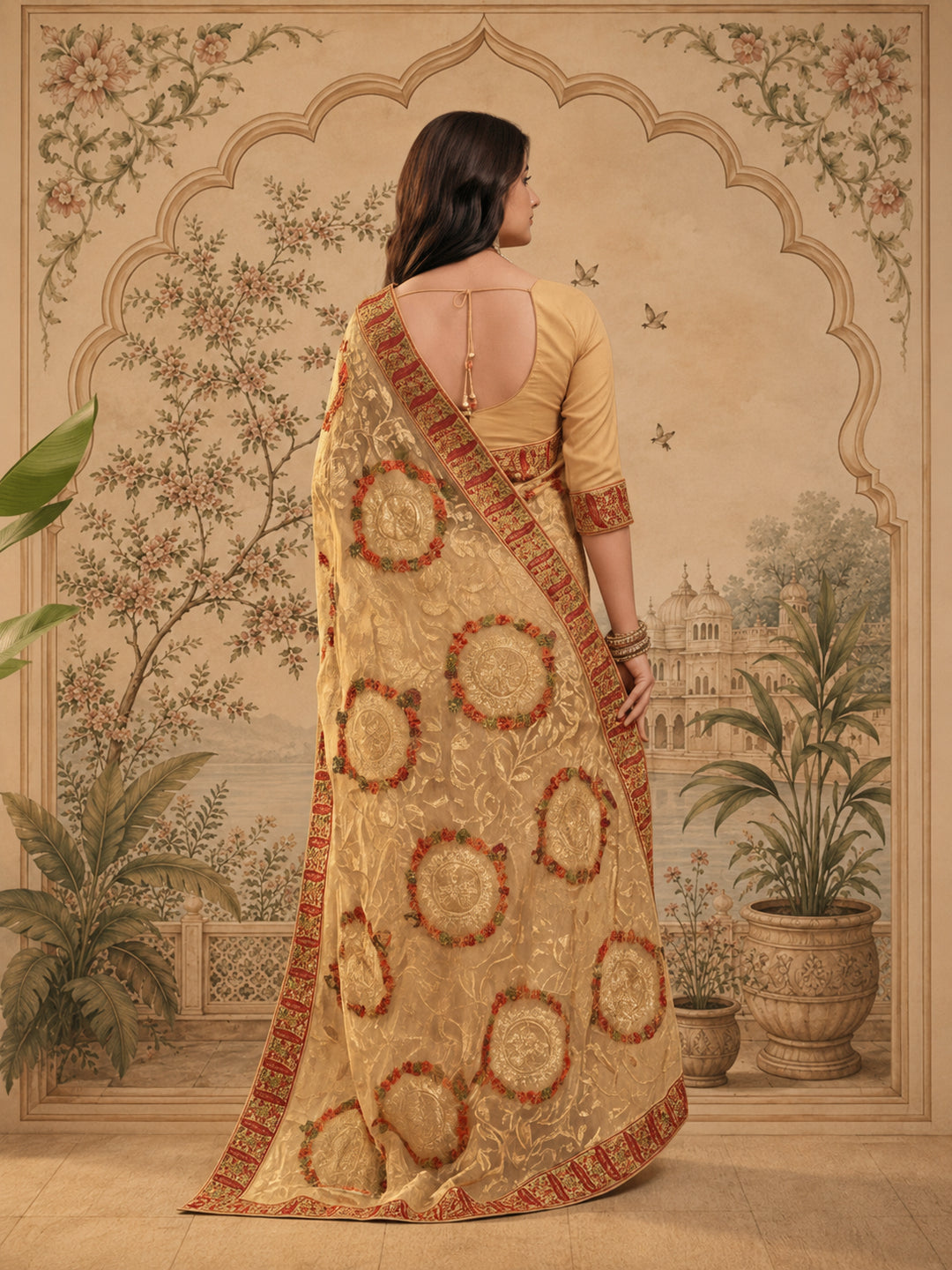 Jaipur Kurti Women'S Beautifull Embroderied Work Chiku Saree