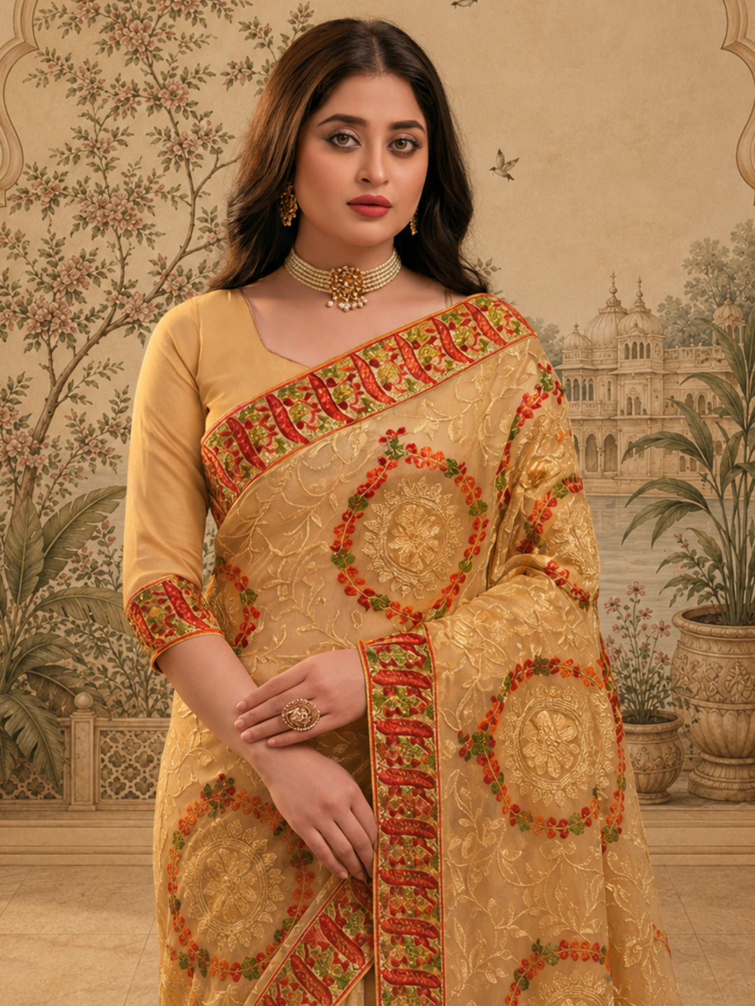 Jaipur Kurti Women'S Beautifull Embroderied Work Chiku Saree