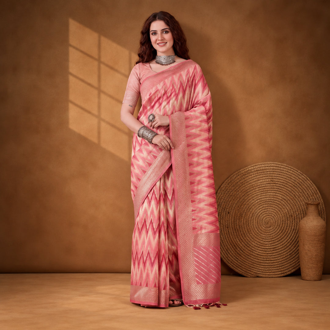 Pink Heavy Cotton Silk Saree with Beautiful Ethnic Woven Design – By Jaipur Kurti