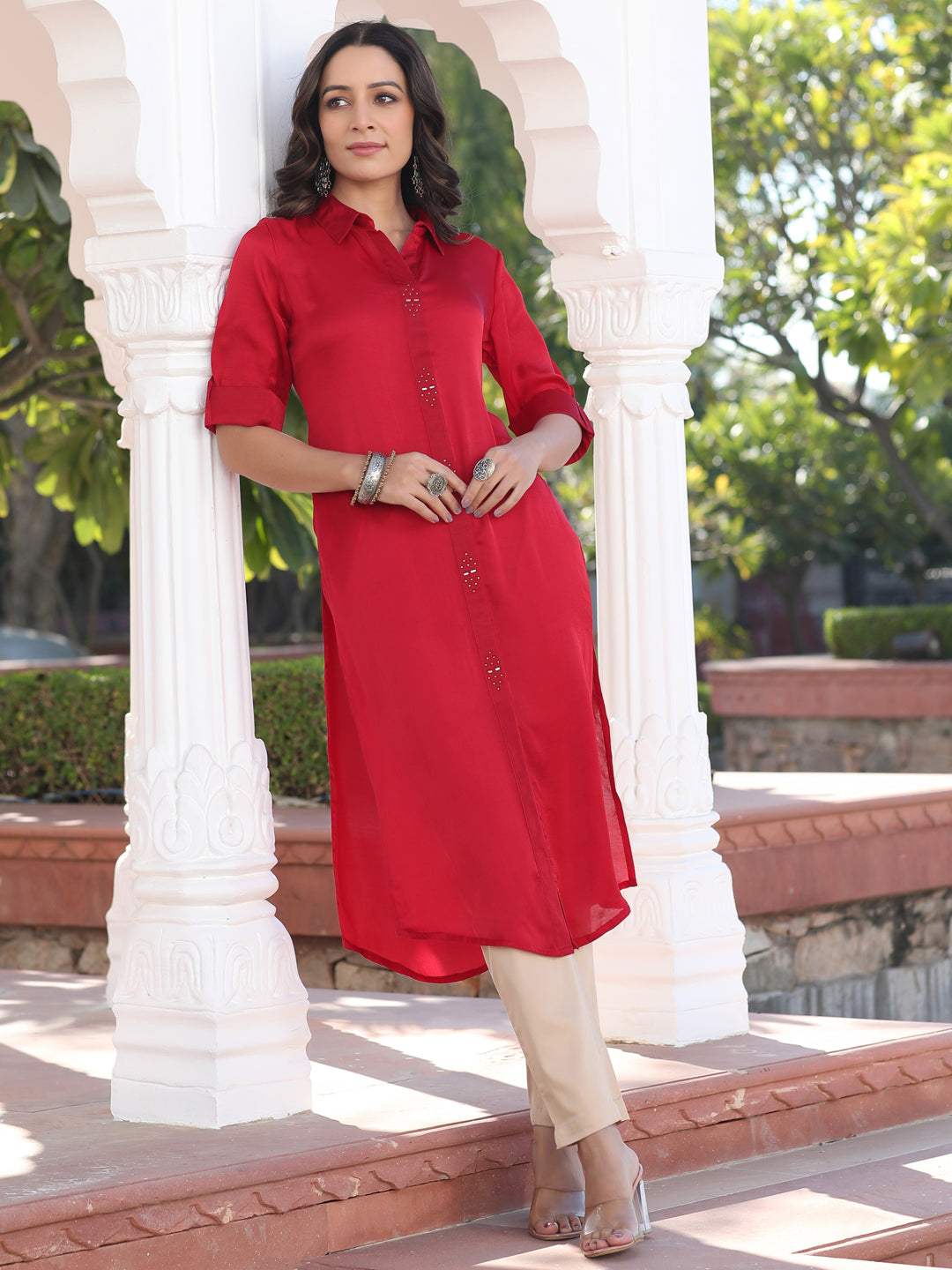 Red Silk Fabric Embellished Shirt With Roll-Up Elbow Sleeves