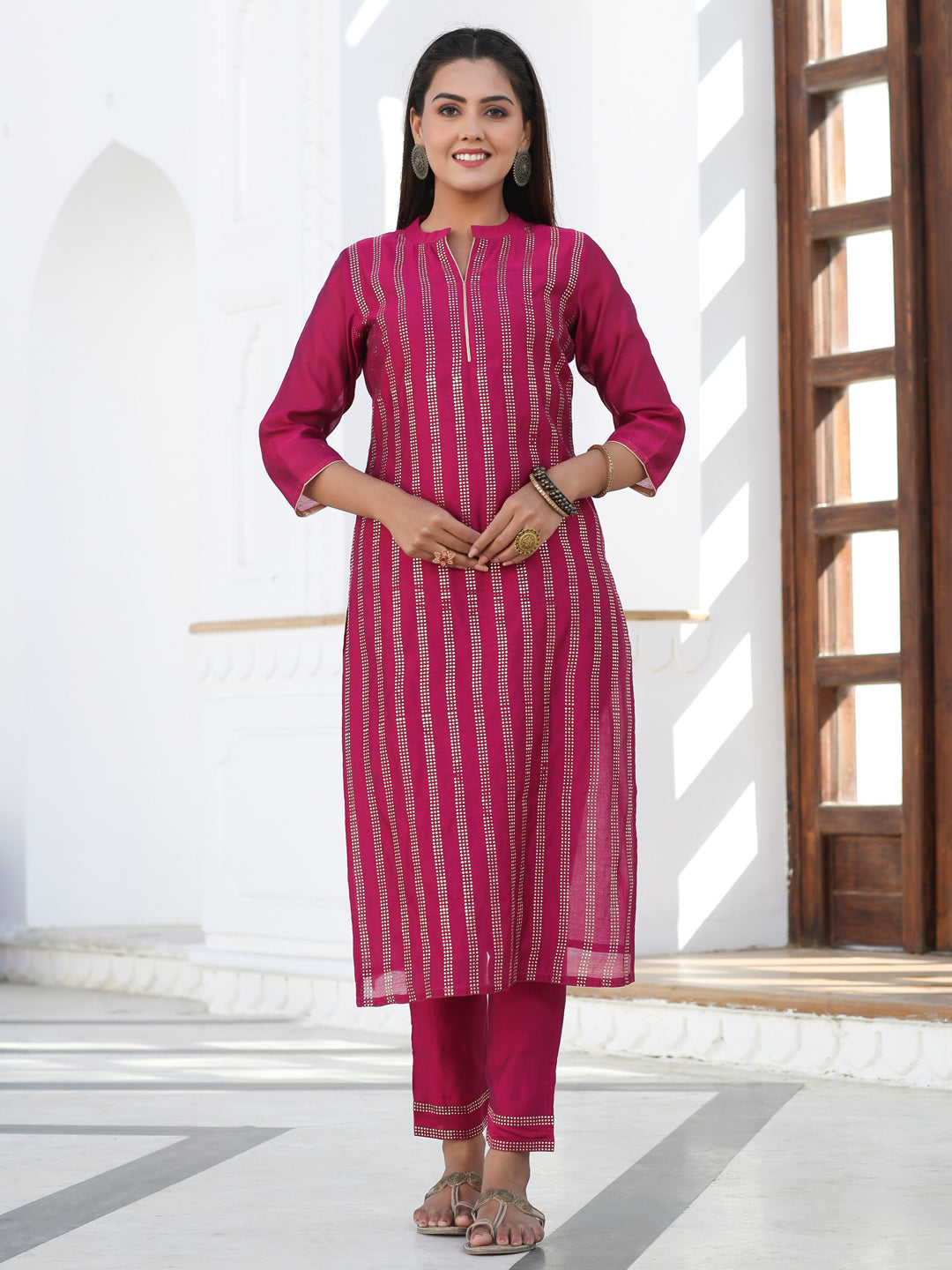 Fuchsia Foil Printed Chanderi Straight Kurta Paired With Solid Pant