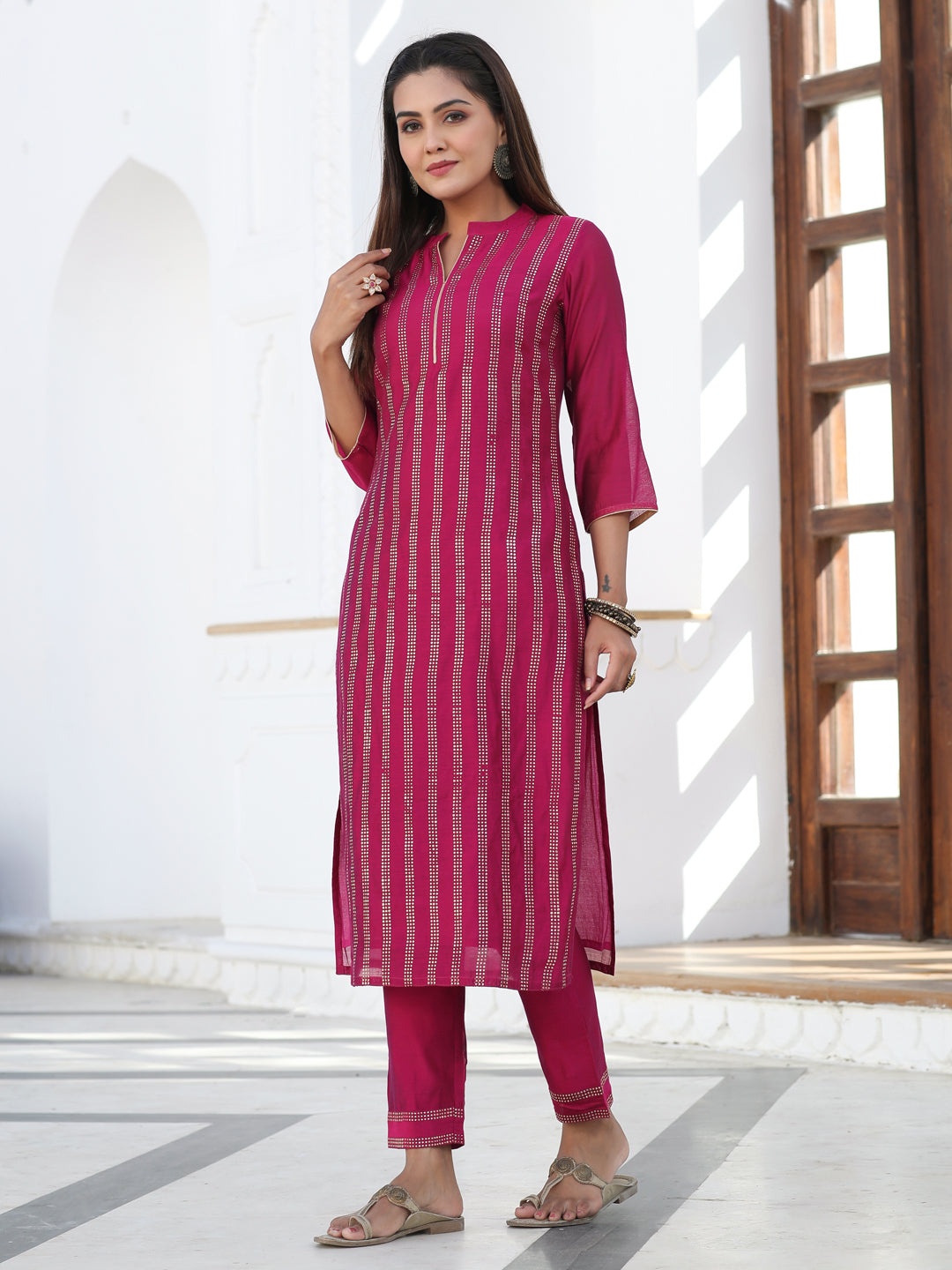 Fuchsia Foil Printed Chanderi Straight Kurta Paired With Solid Pant