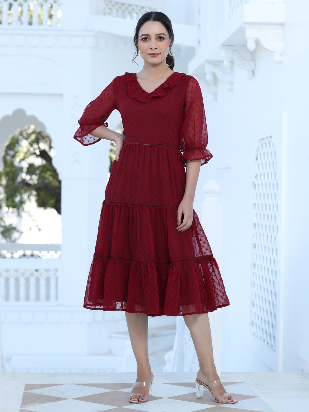 Maroon Color Polka Self Weave Georgette Tiered Lace Inserted Dress | Dresses For Women | Jaipur Kurti Maroon Color Polka Self Weave Georgette Tiered Lace Inserted Dress | Dresses For Women | Jaipur Kurti