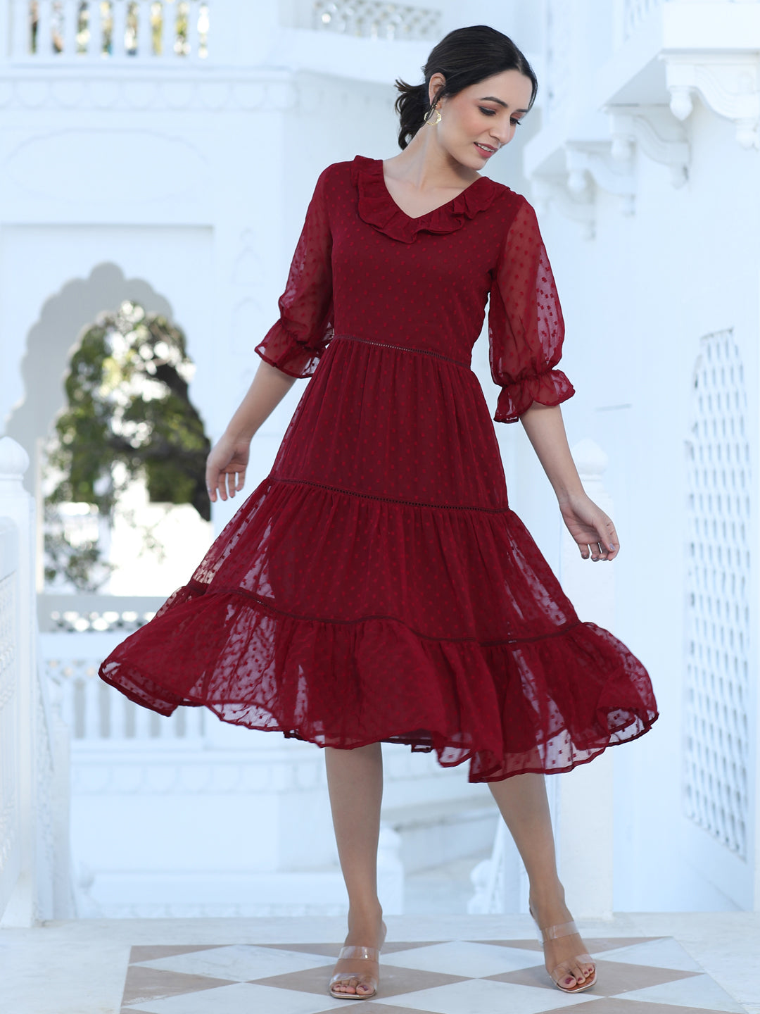 Maroon Color Polka Self Weave Georgette Tiered Lace Inserted Dress