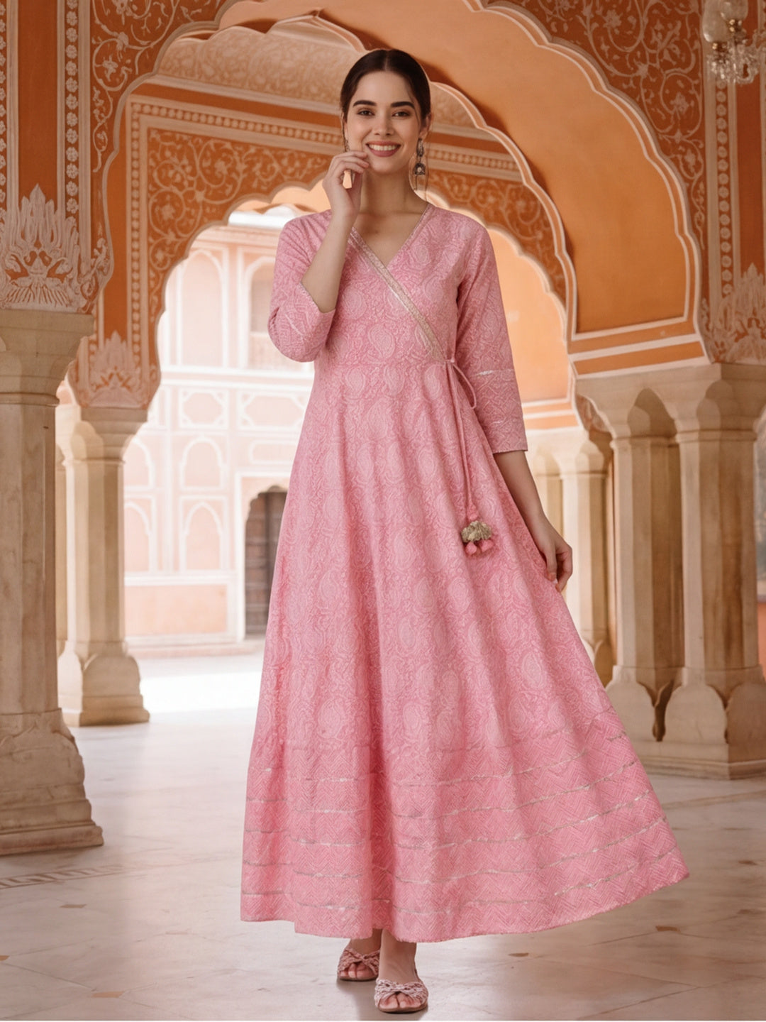Women Pink Ethnic Printed Angrakha Style Kurta With Lace Detailing