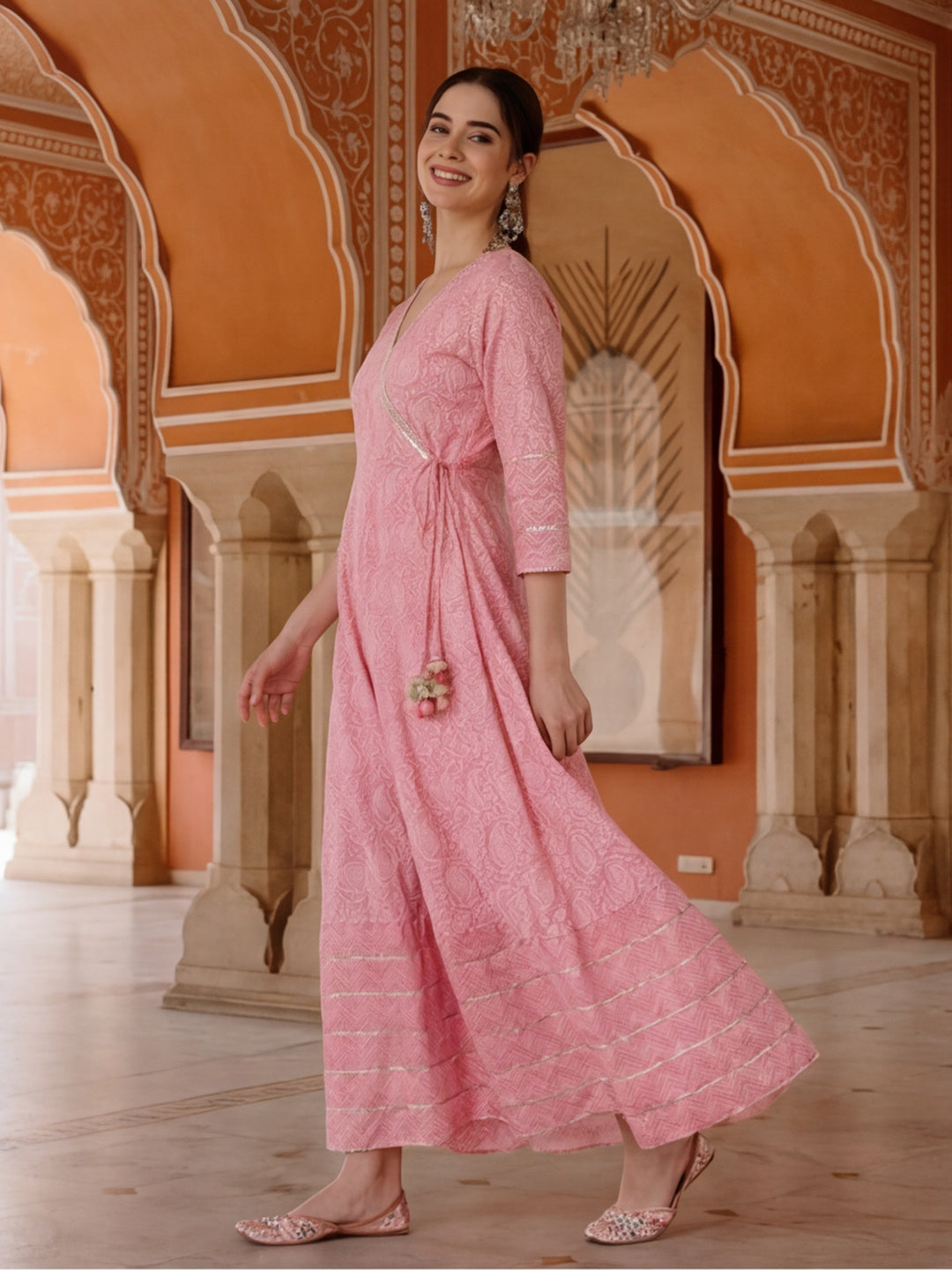Women Pink Ethnic Printed Angrakha Style Kurta With Lace Detailing
