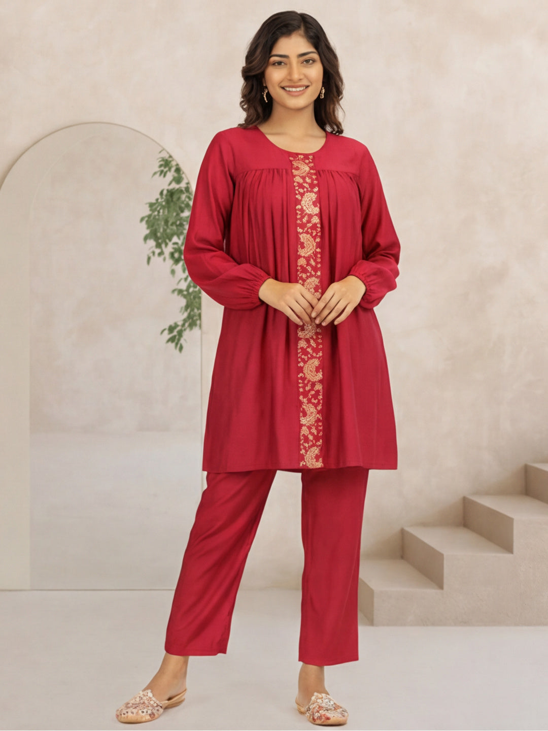 Magenta Resham Embroidered Festive Co-ord Set