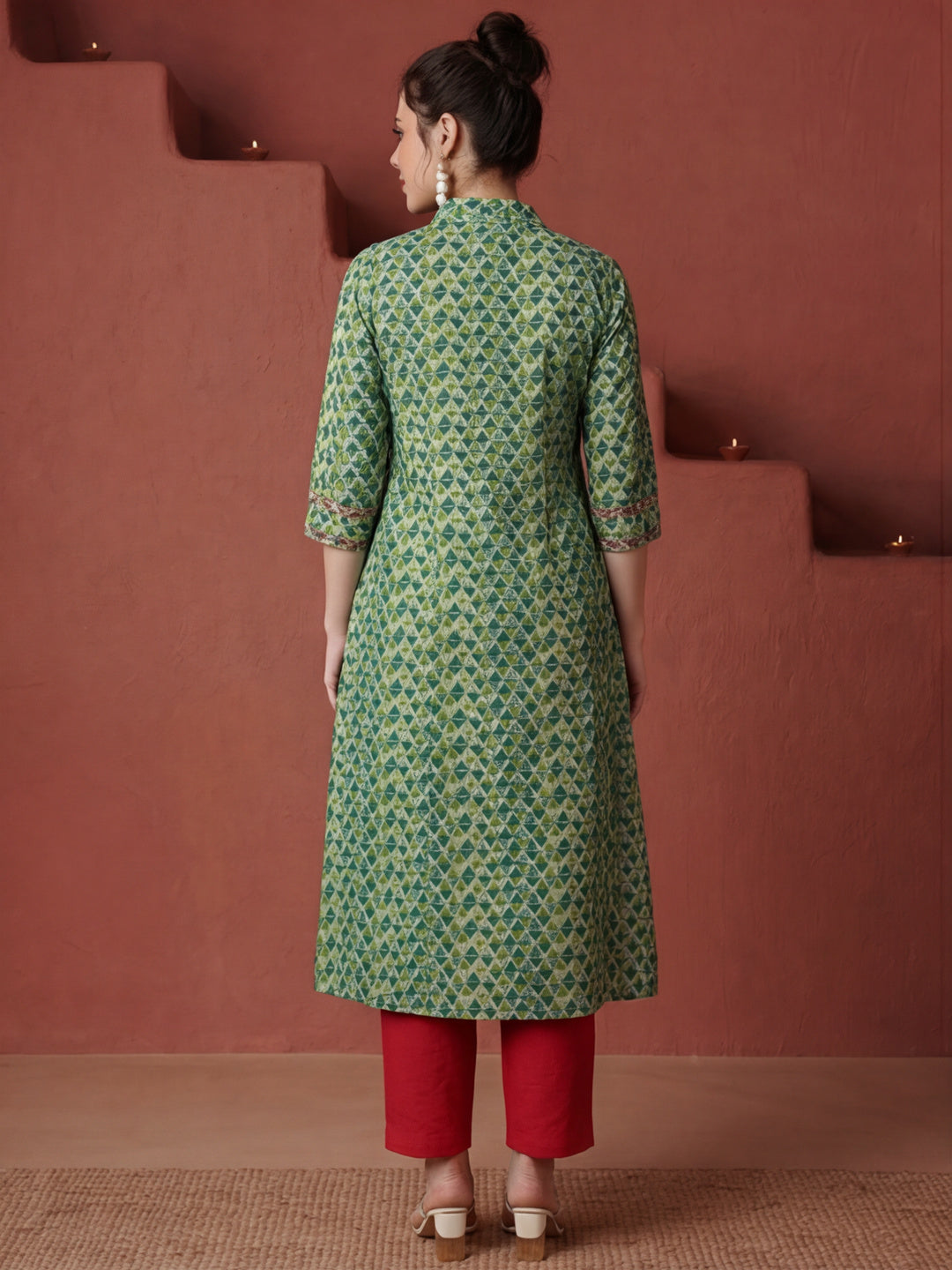 Green Geometric Printed Princess Cut Kurta