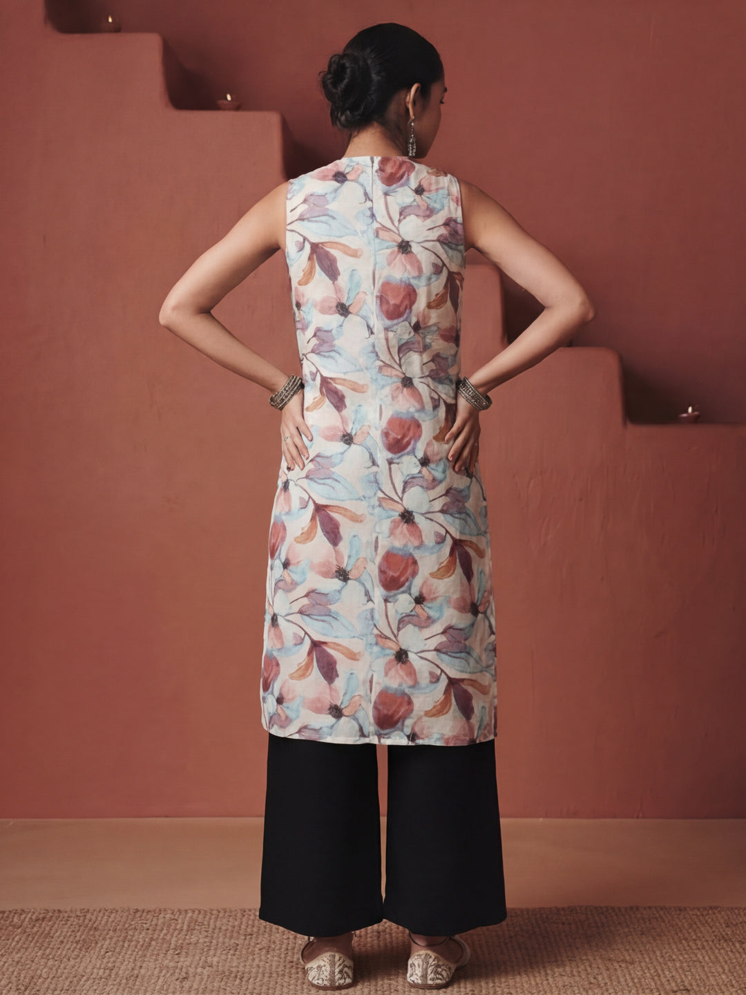 Brown Floral Printed Sleeveless Kurta