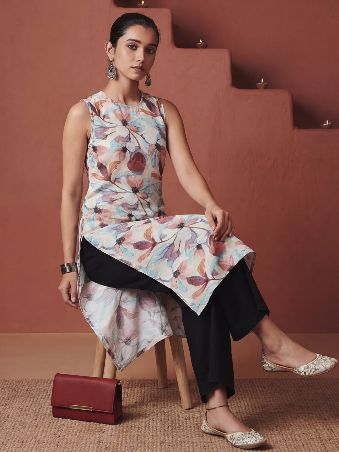 Brown Floral Printed Sleeveless Kurta