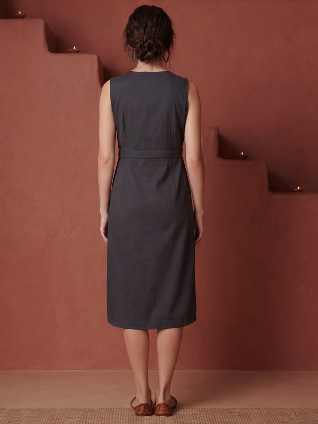 Grey Straight Fit Dress With Belt Detail