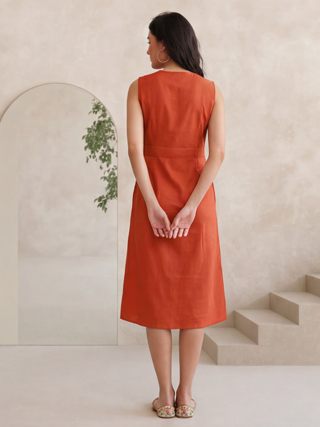 Rust Straight Fit Dress With Belt Detail