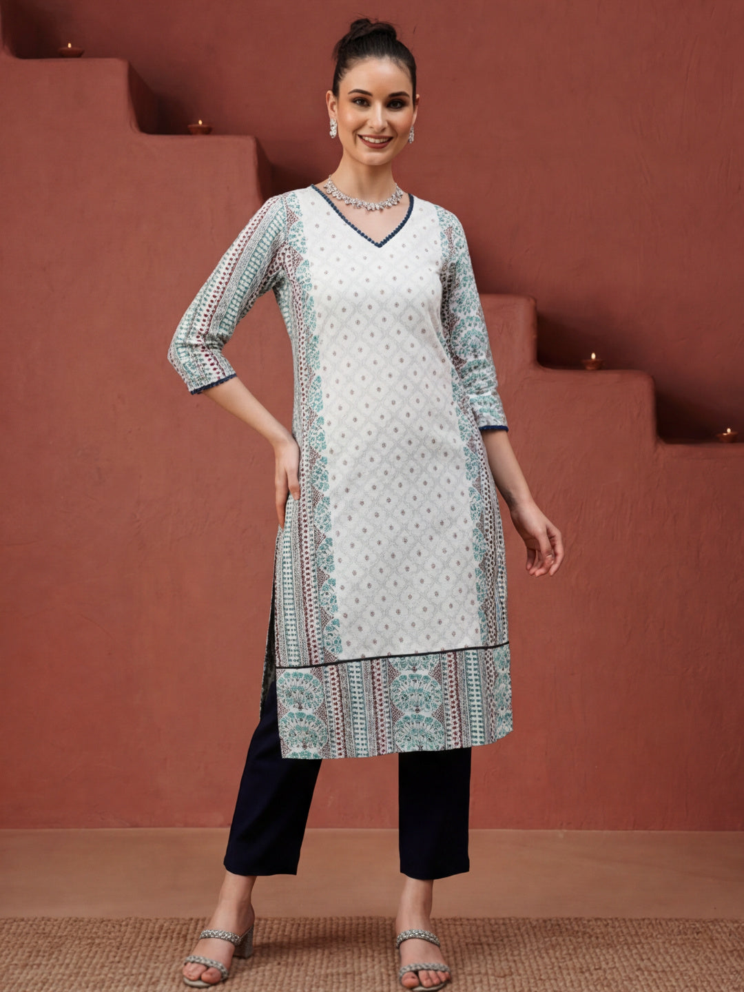 White And Blue Ethnic Printed Straight Kurta