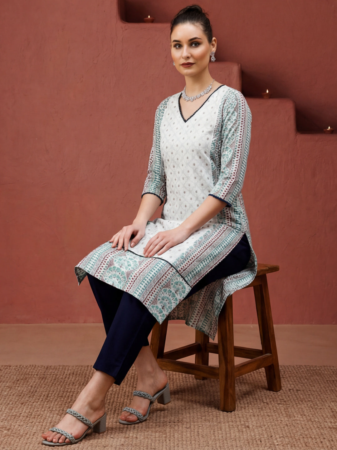 White And Blue Ethnic Printed Straight Kurta