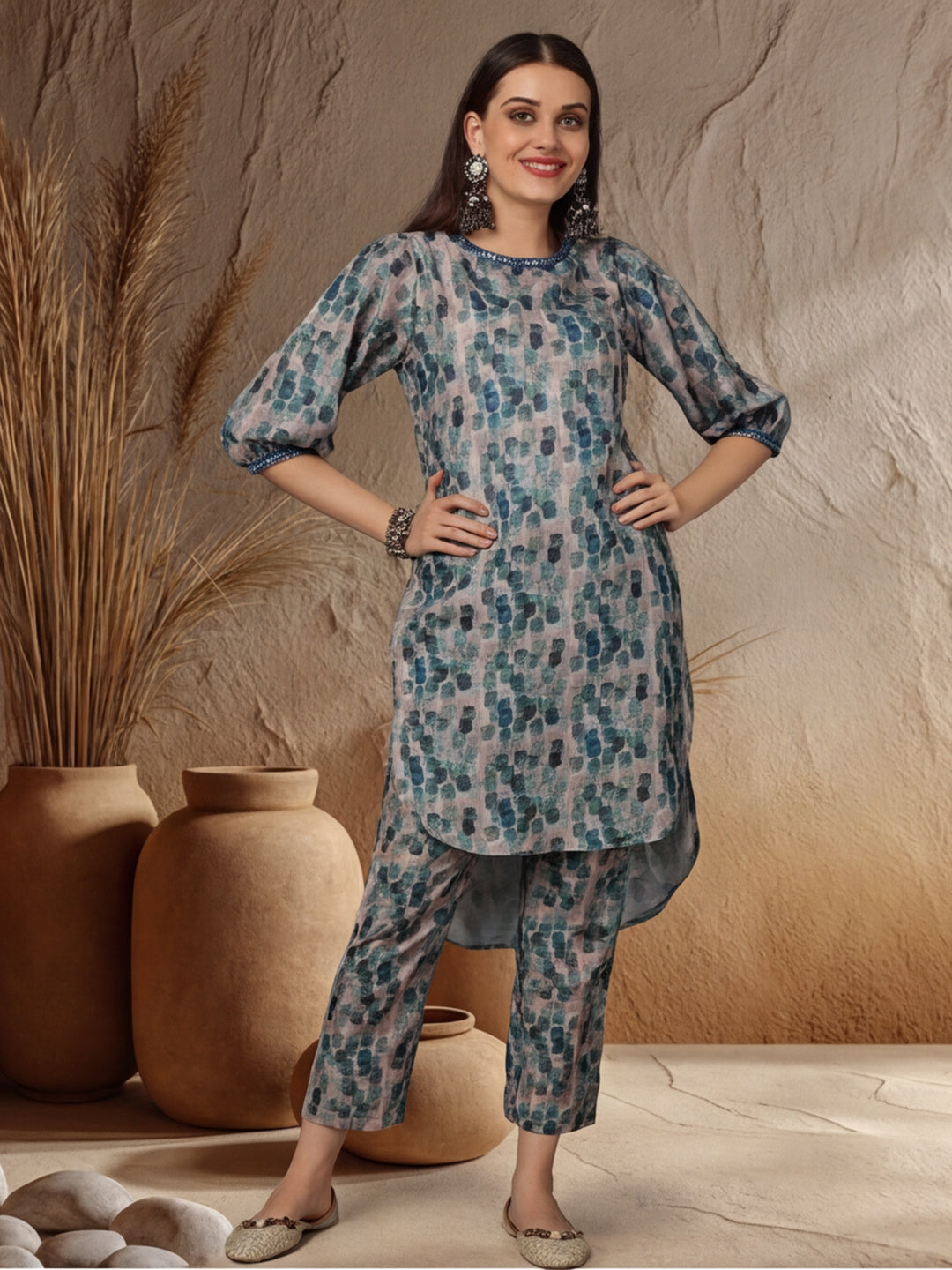 Blue Abstract Printed Mirror Work Co-ord Set