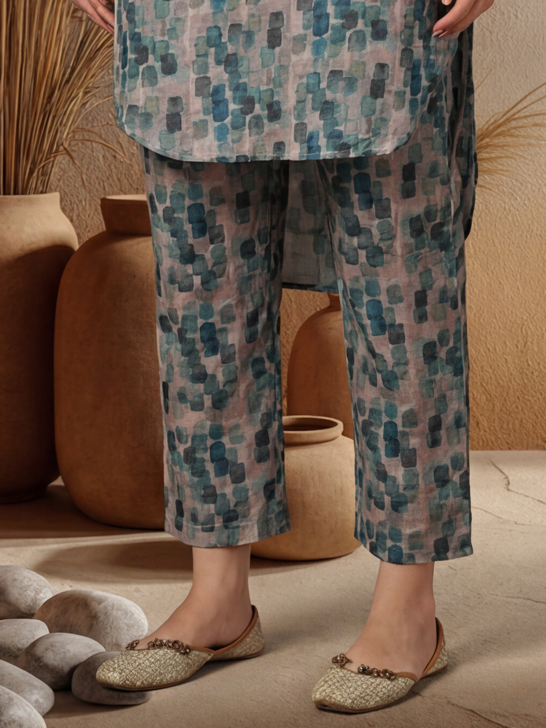 Blue Abstract Printed Mirror Work Co-ord Set