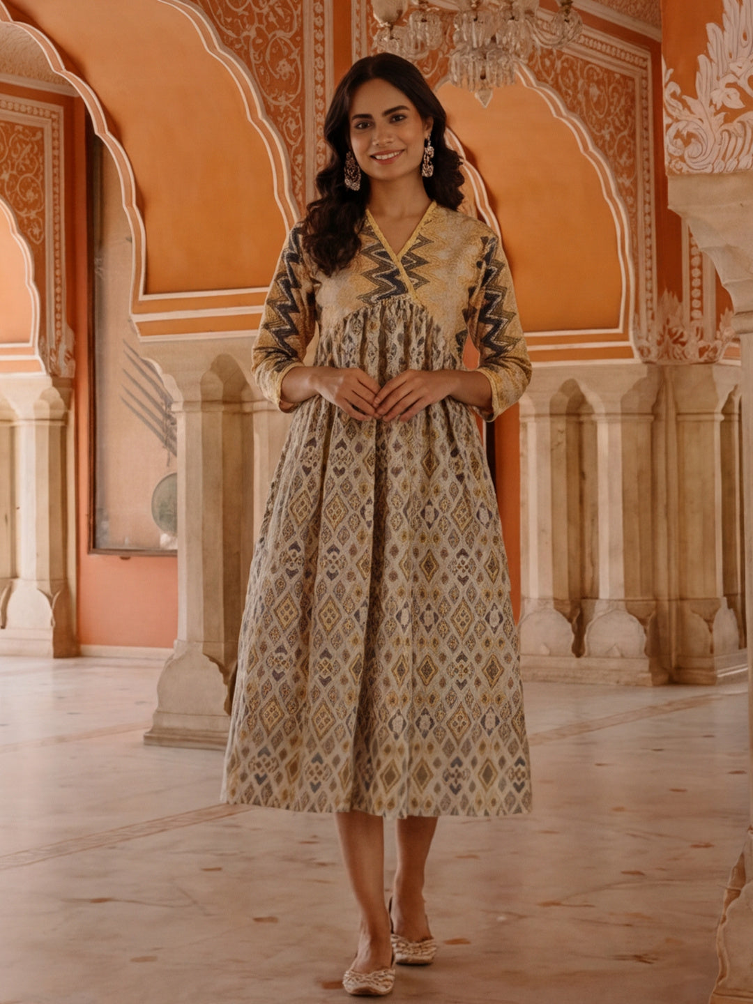 Geometric Printed Gathered Dress