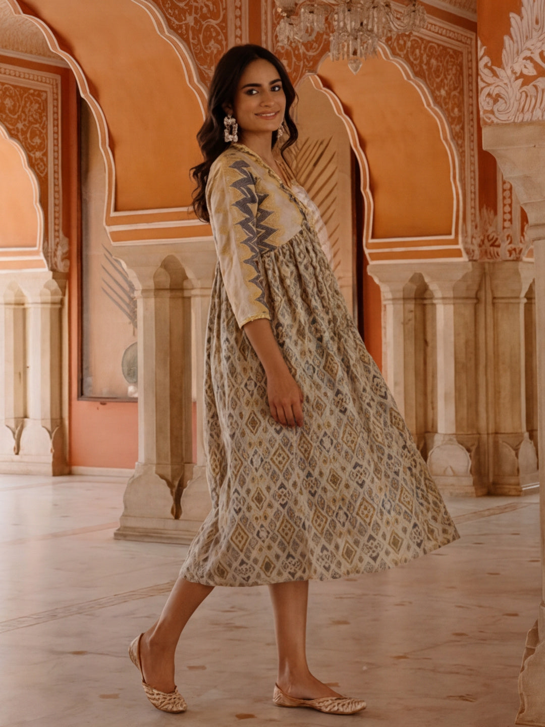 Geometric Printed Gathered Dress