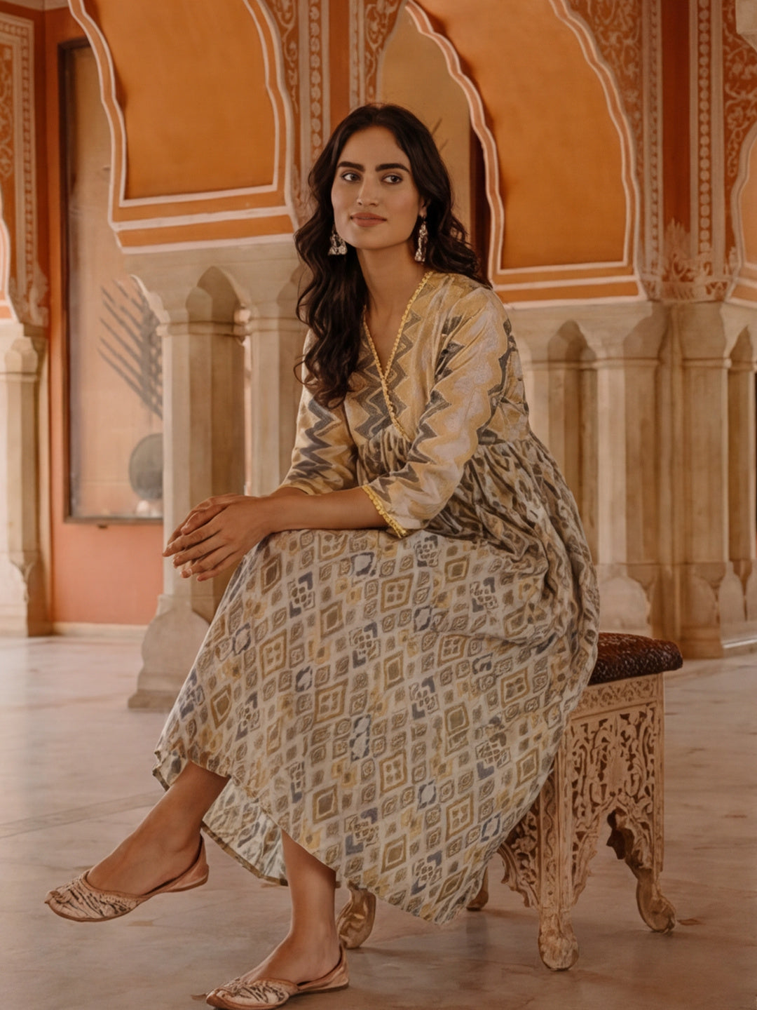 Geometric Printed Gathered Dress