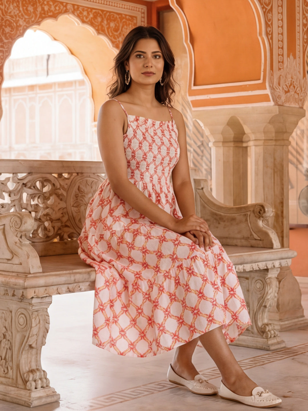 Orange Ikat Printed Tiered Cotton Strappy Dress