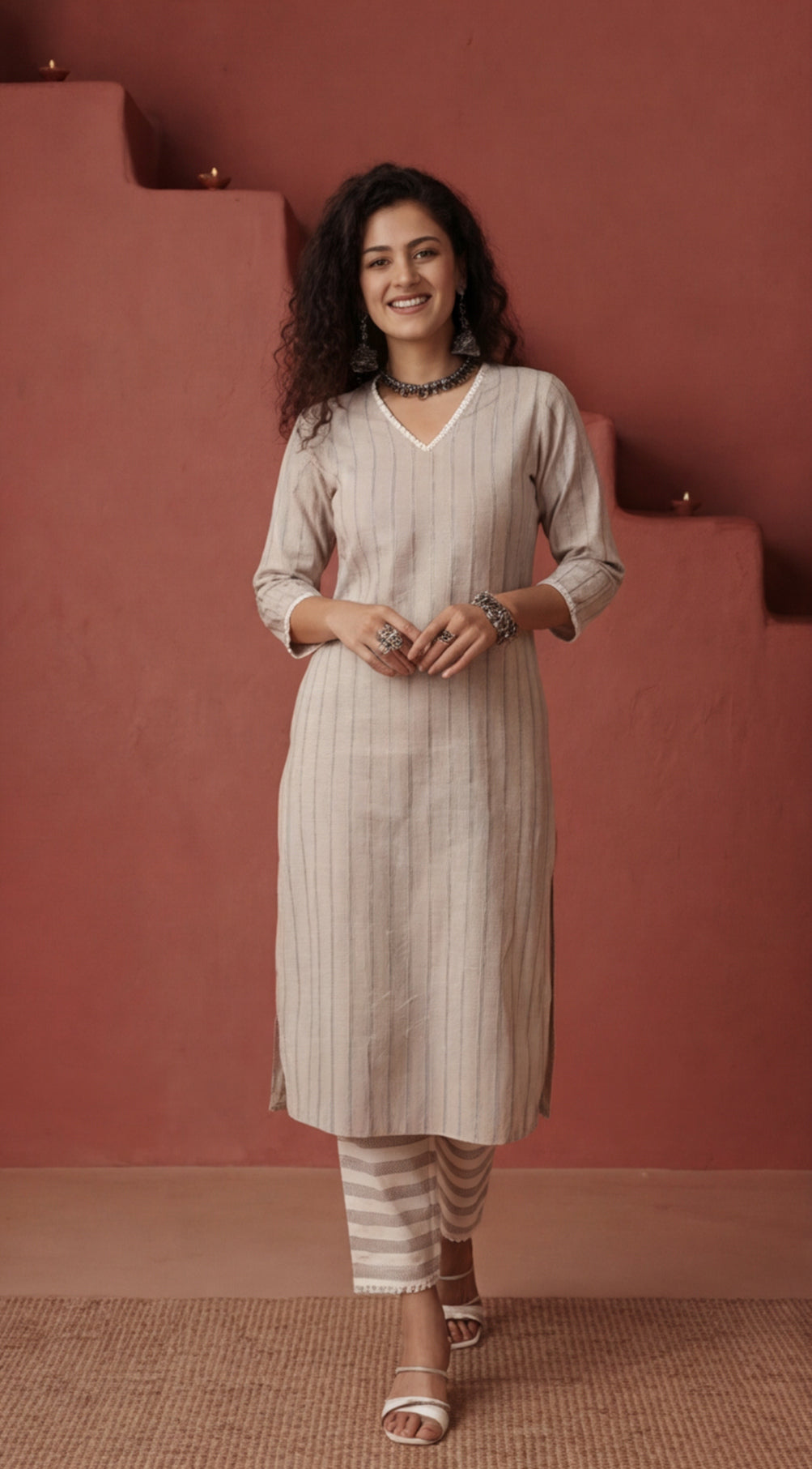 Cotton Lurex Stripes Kurta Set