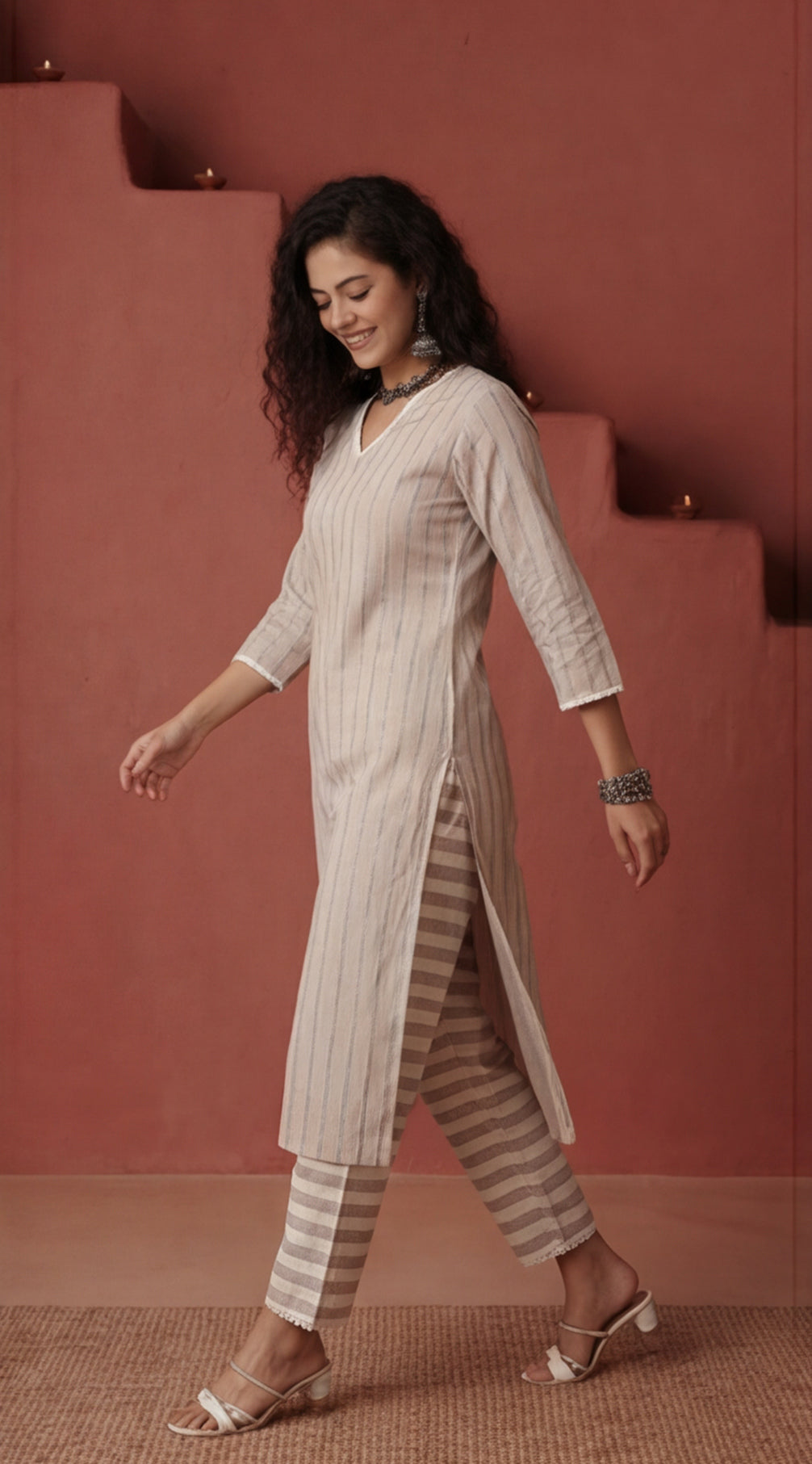 Cotton Lurex Stripes Kurta Set