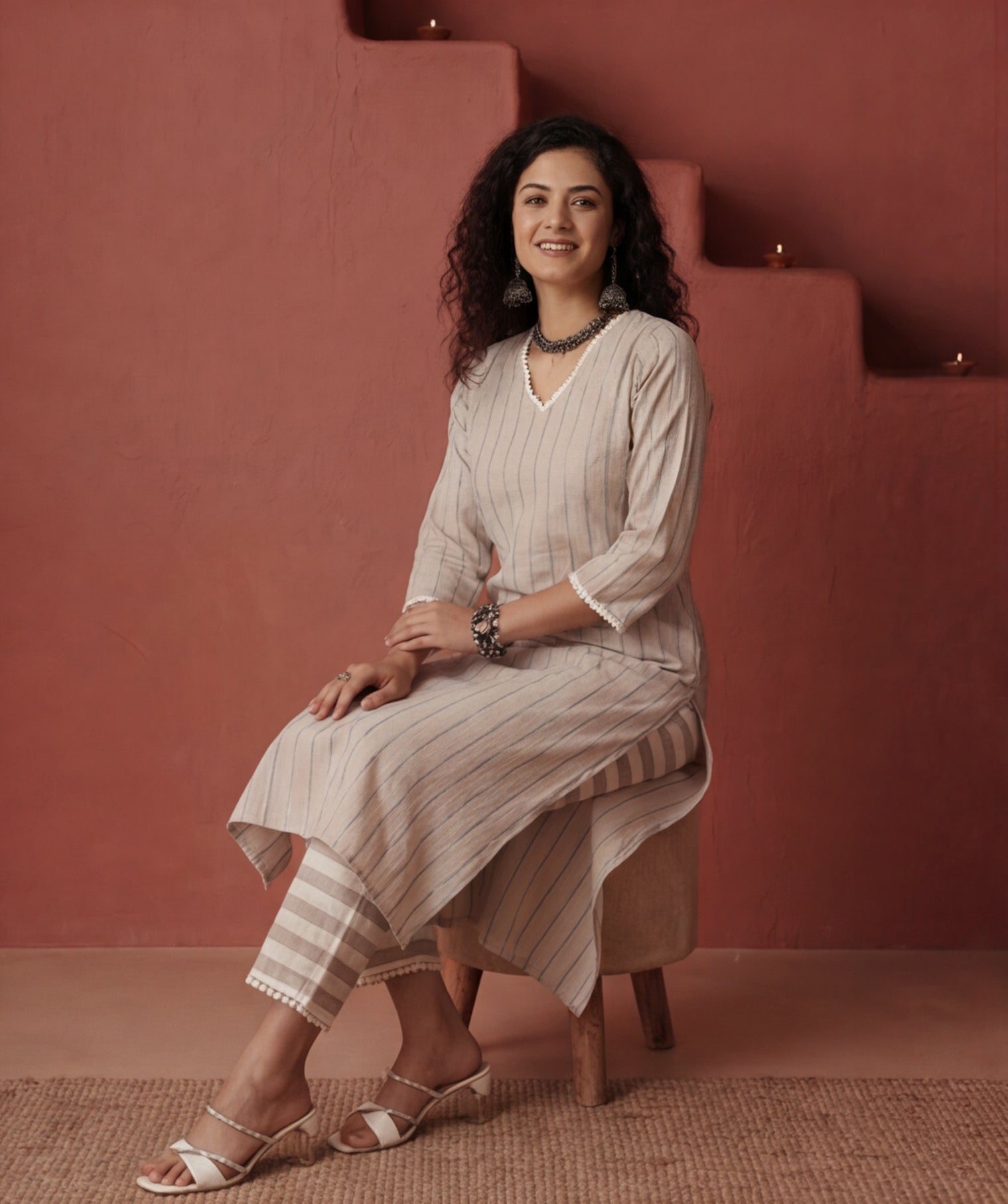 Cotton Lurex Stripes Kurta Set