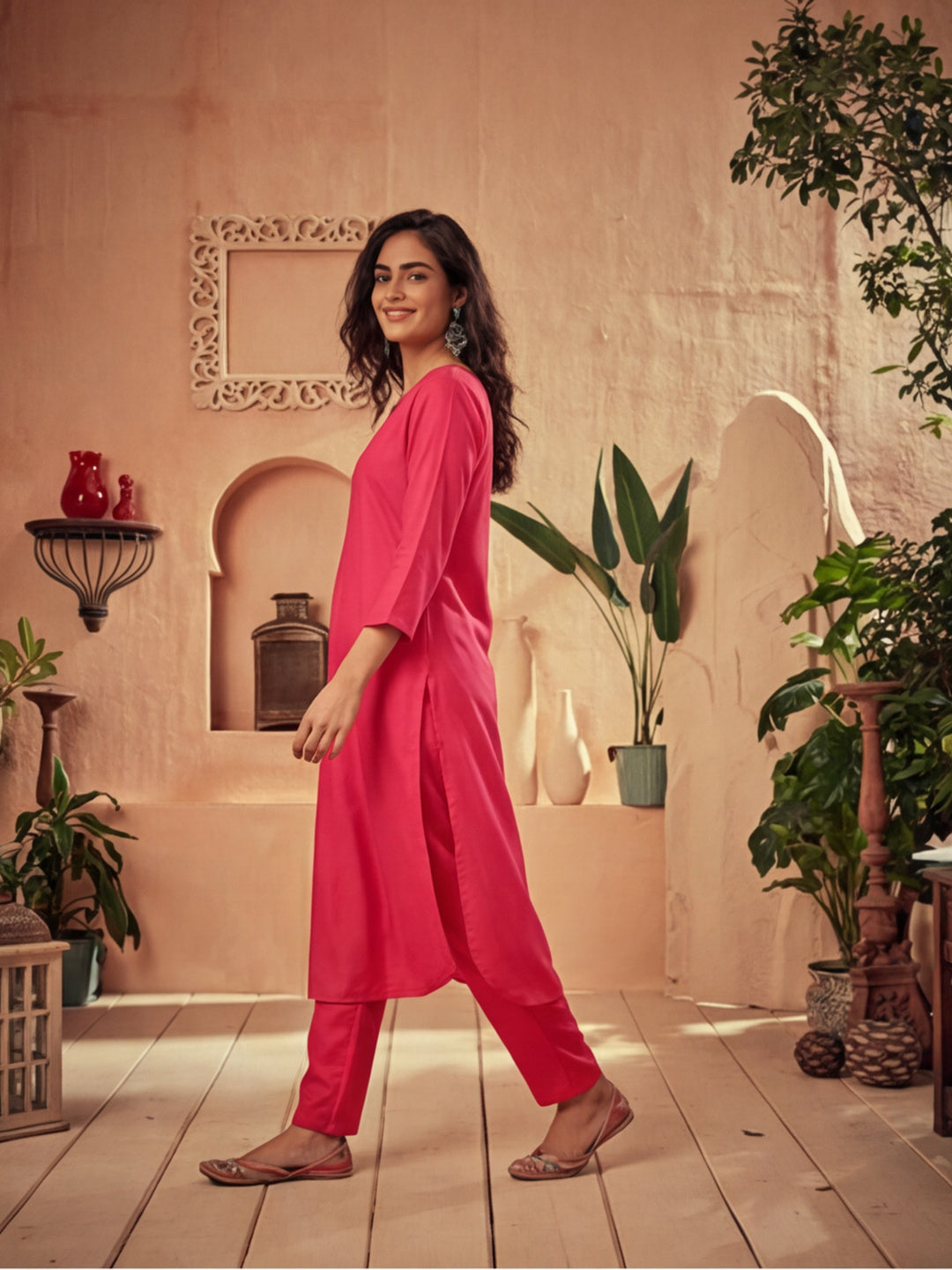 Fuchsia Pleated Straight Kurta With Pants