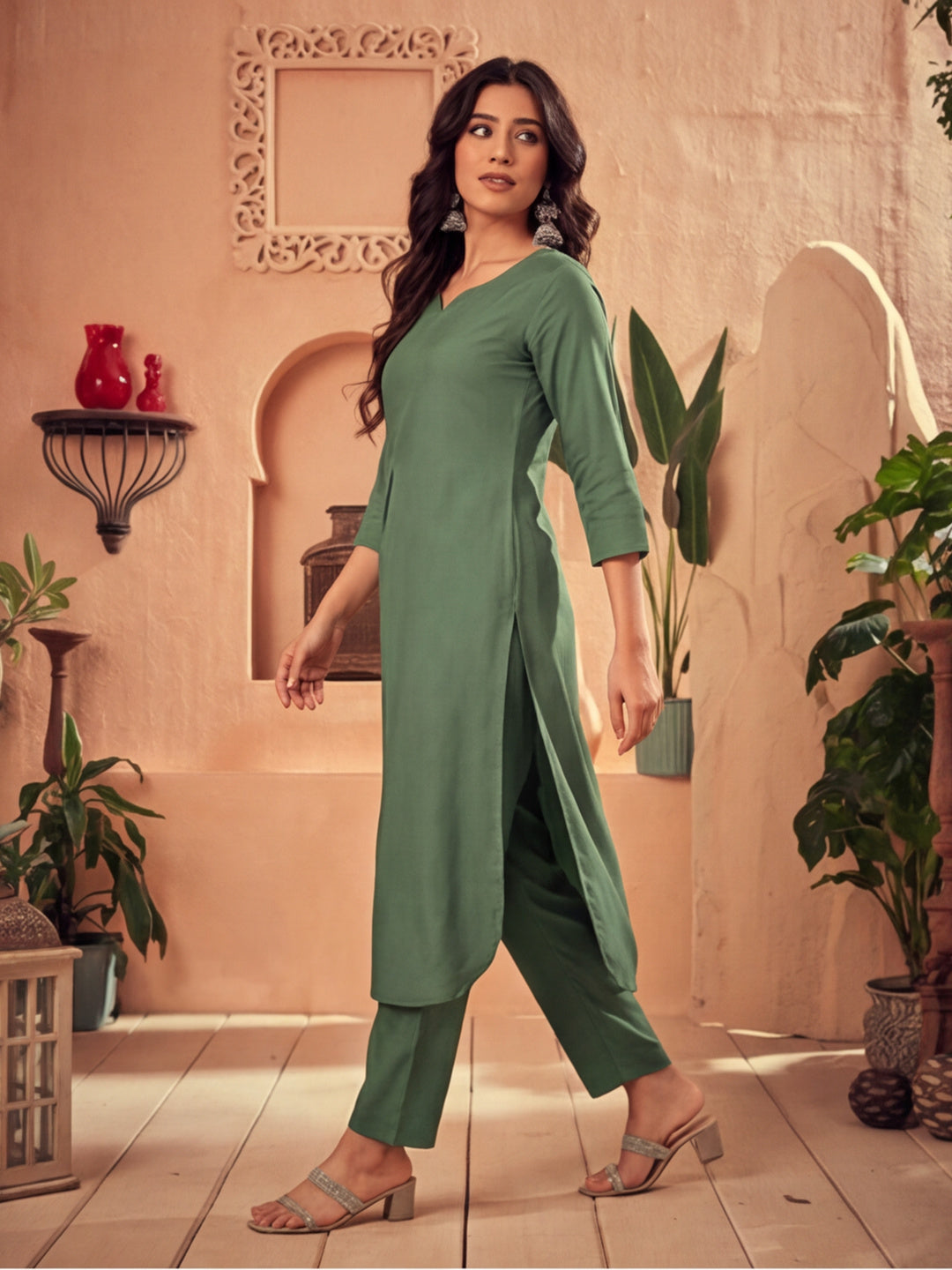Olive Green Pleated Straight Kurta With Pants