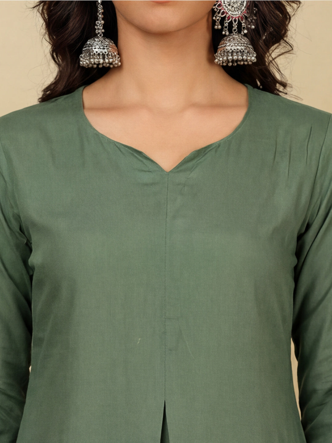 Olive Green Pleated Straight Kurta With Pants