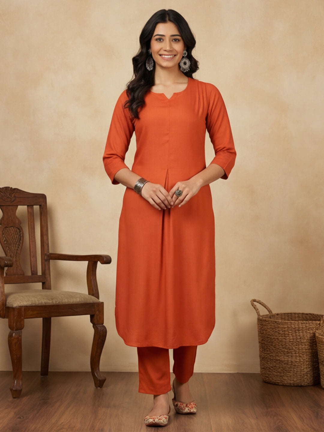 Rust Pleated Straight Kurta With Pants