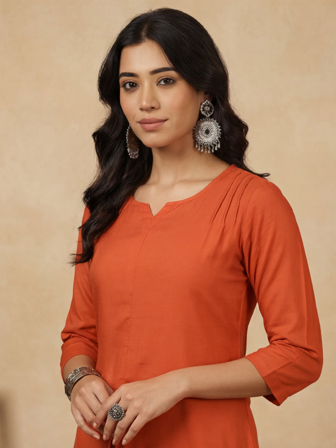 Rust Pleated Straight Kurta With Pants