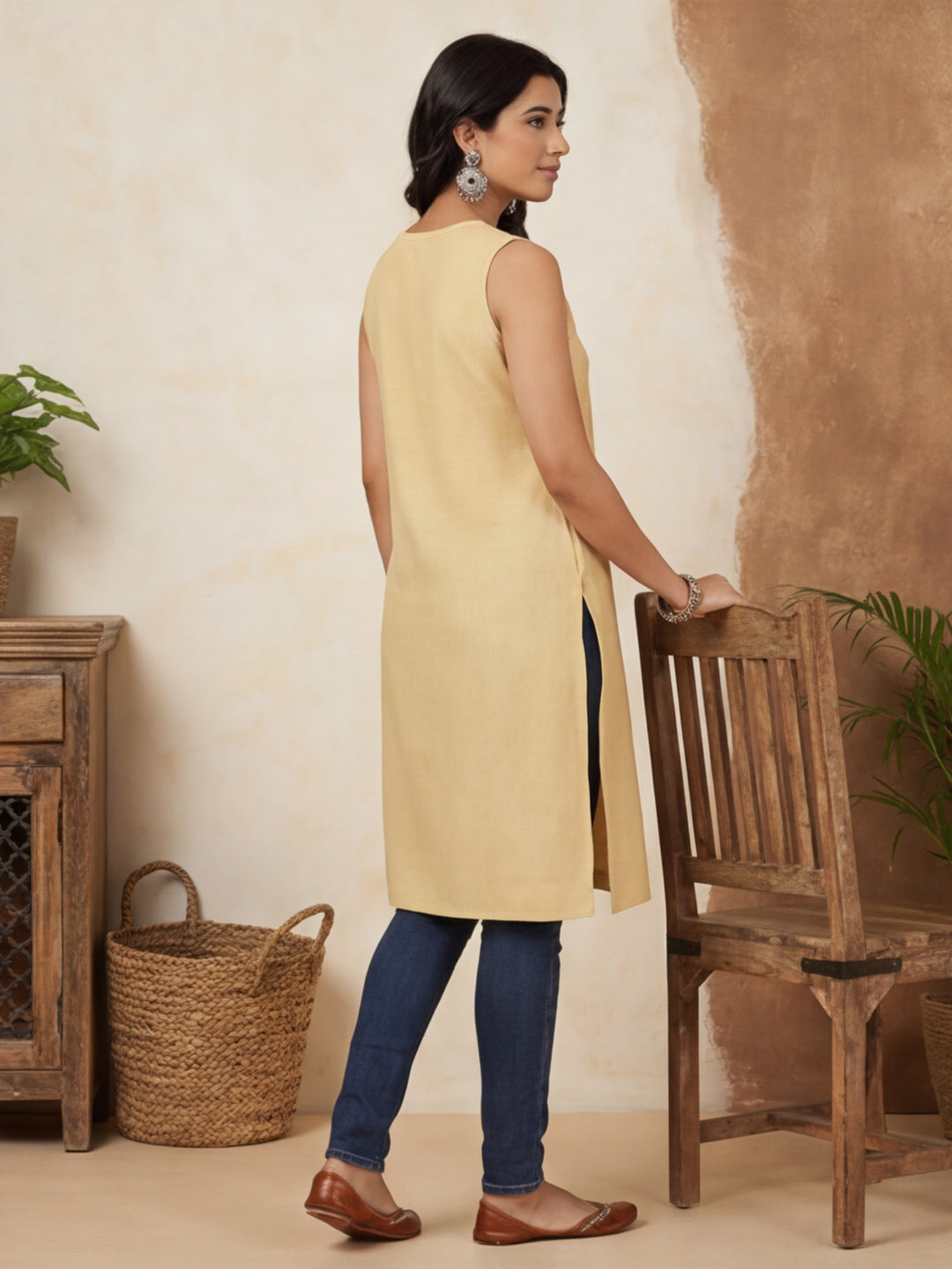 Beige Embroidered Sleeveless Kurta