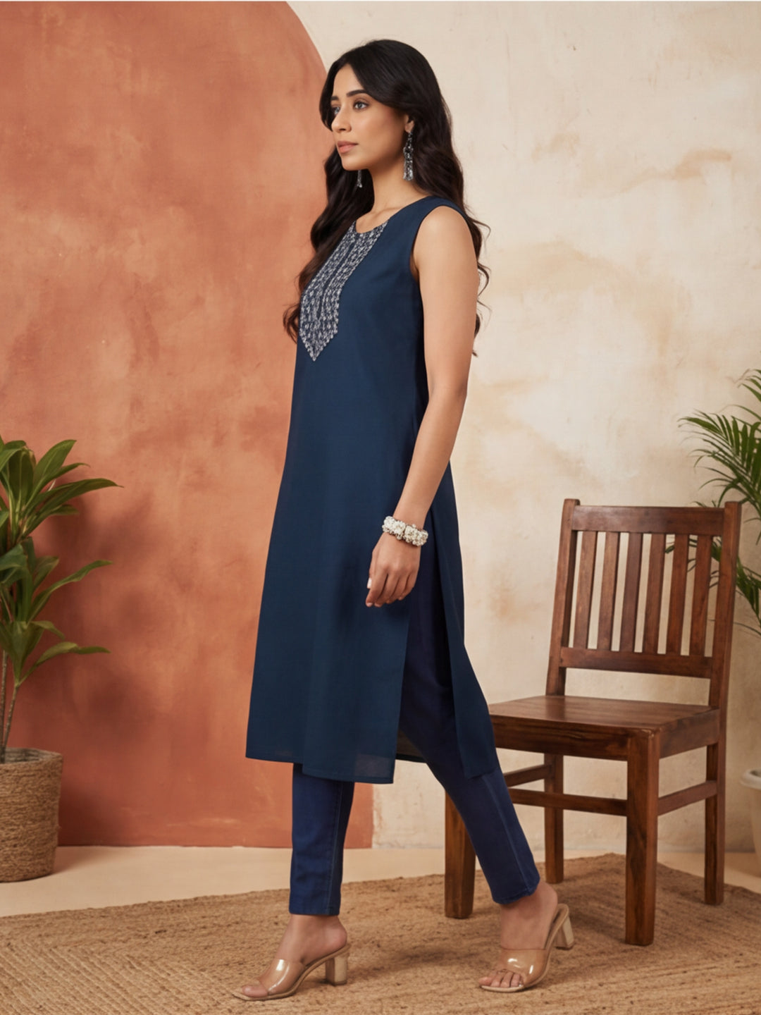 Teal Embroidered Sleeveless Kurta