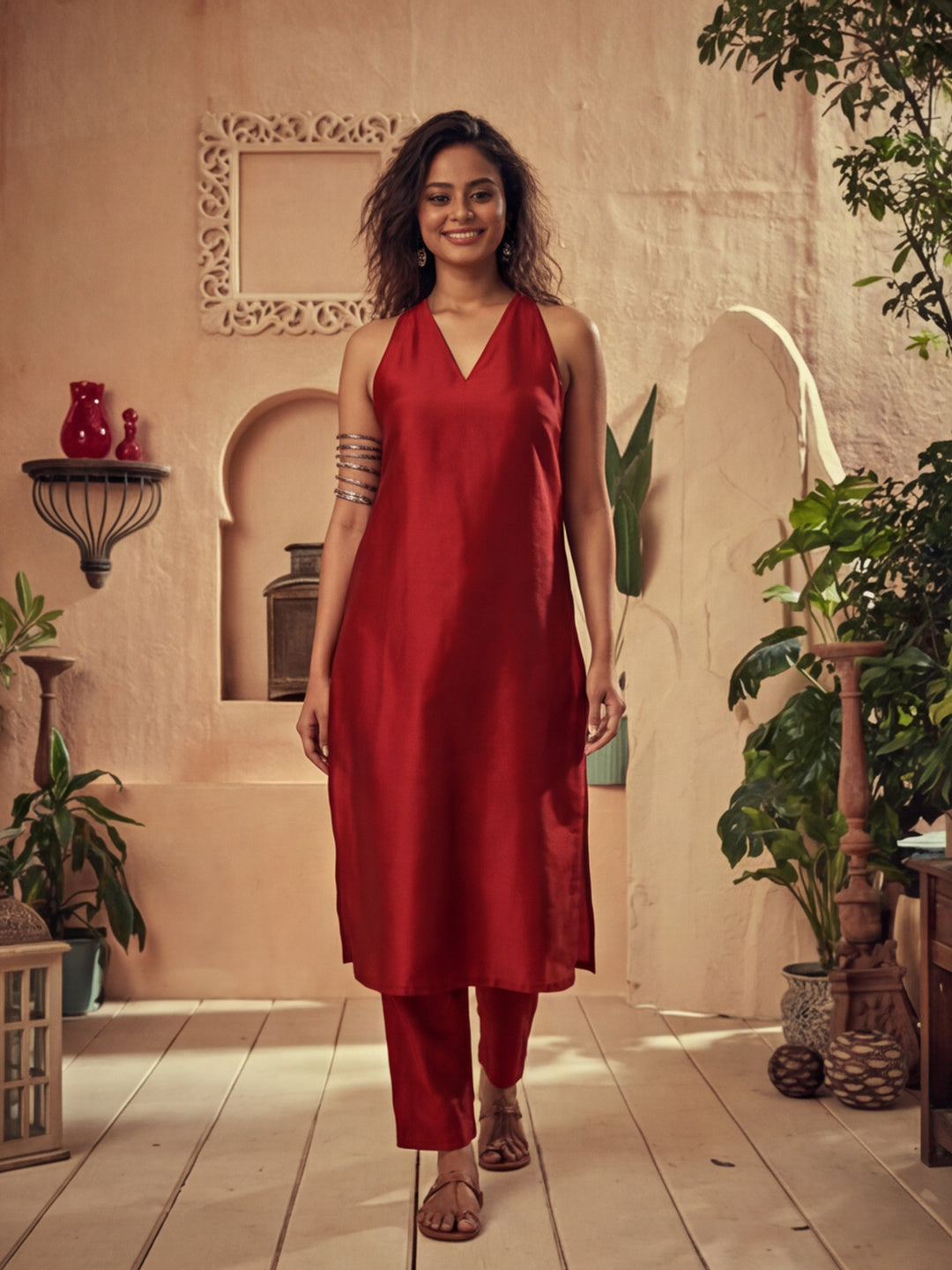 Solid Printed Straight Chanderi Silk Kurta & Trousers Sets