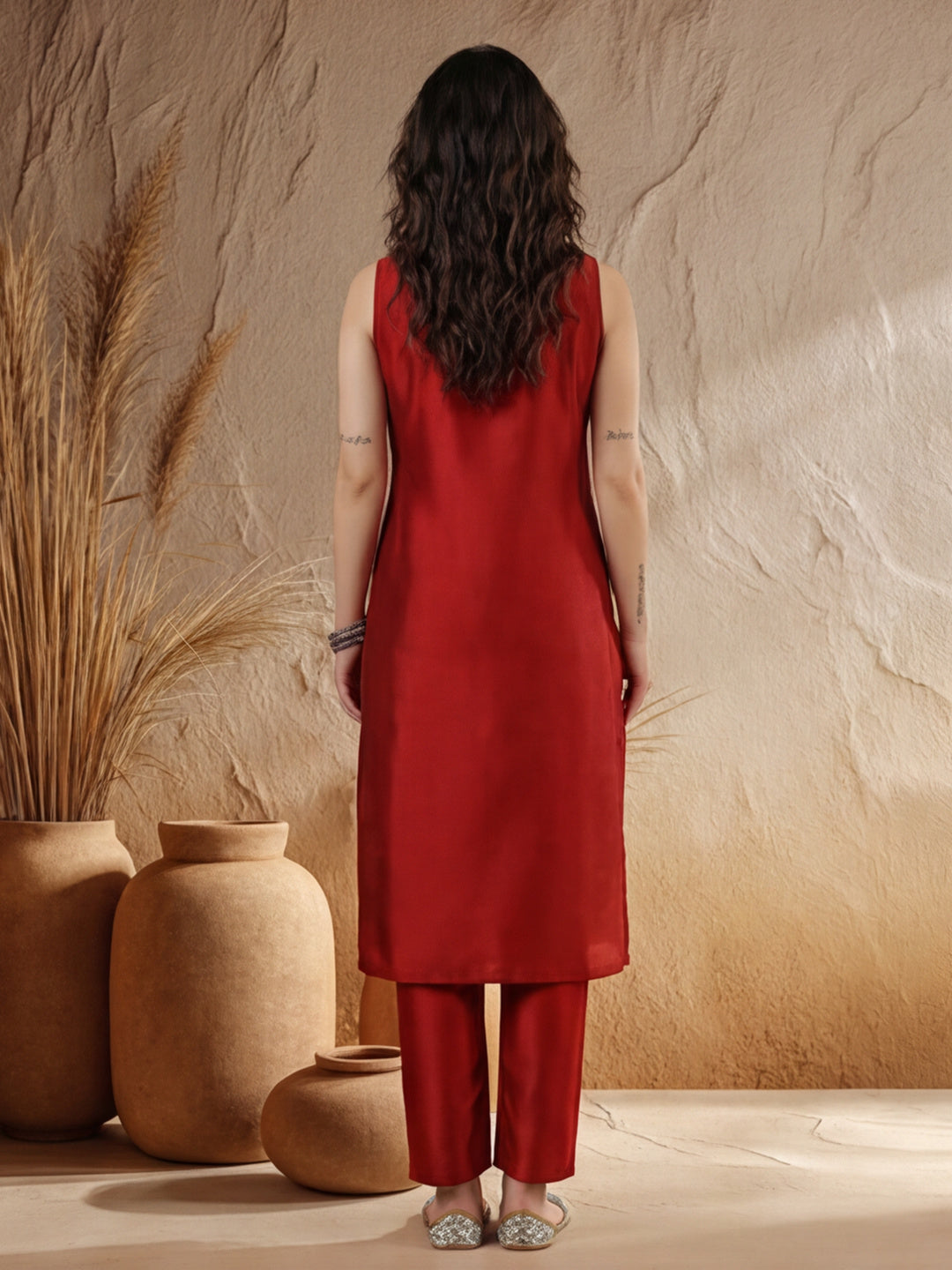 Solid Straight silk blend Kurta & Trousers Sets
