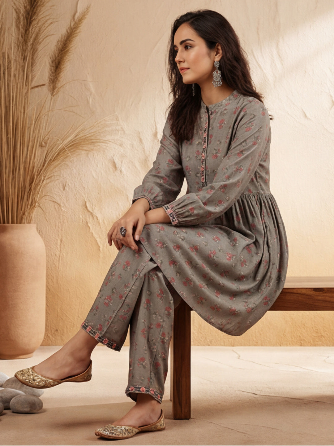 Grey Ethnic Printed Gathered Kurta With Palazzo Co-ord Set