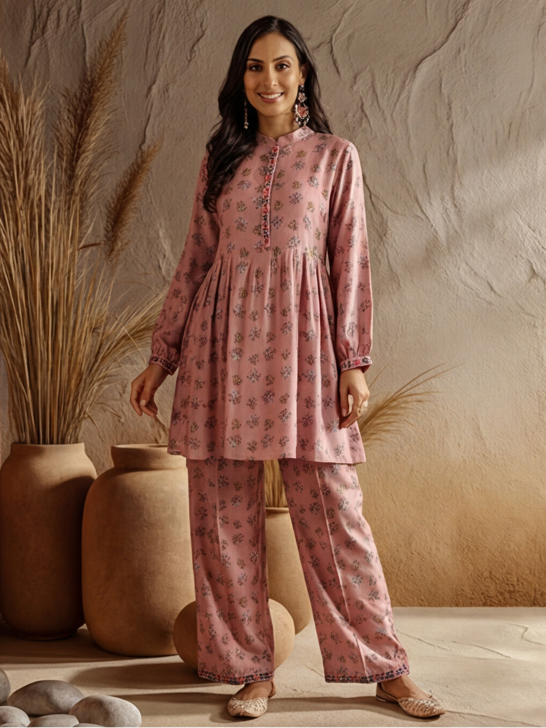 Rose Ethnic Printed Gathered Kurta With Palazzo Co-ord Set