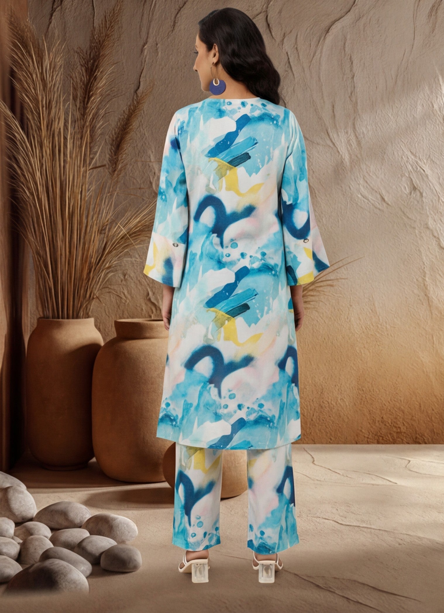 Blue Abstract Print Straight Kurta And Palazzo