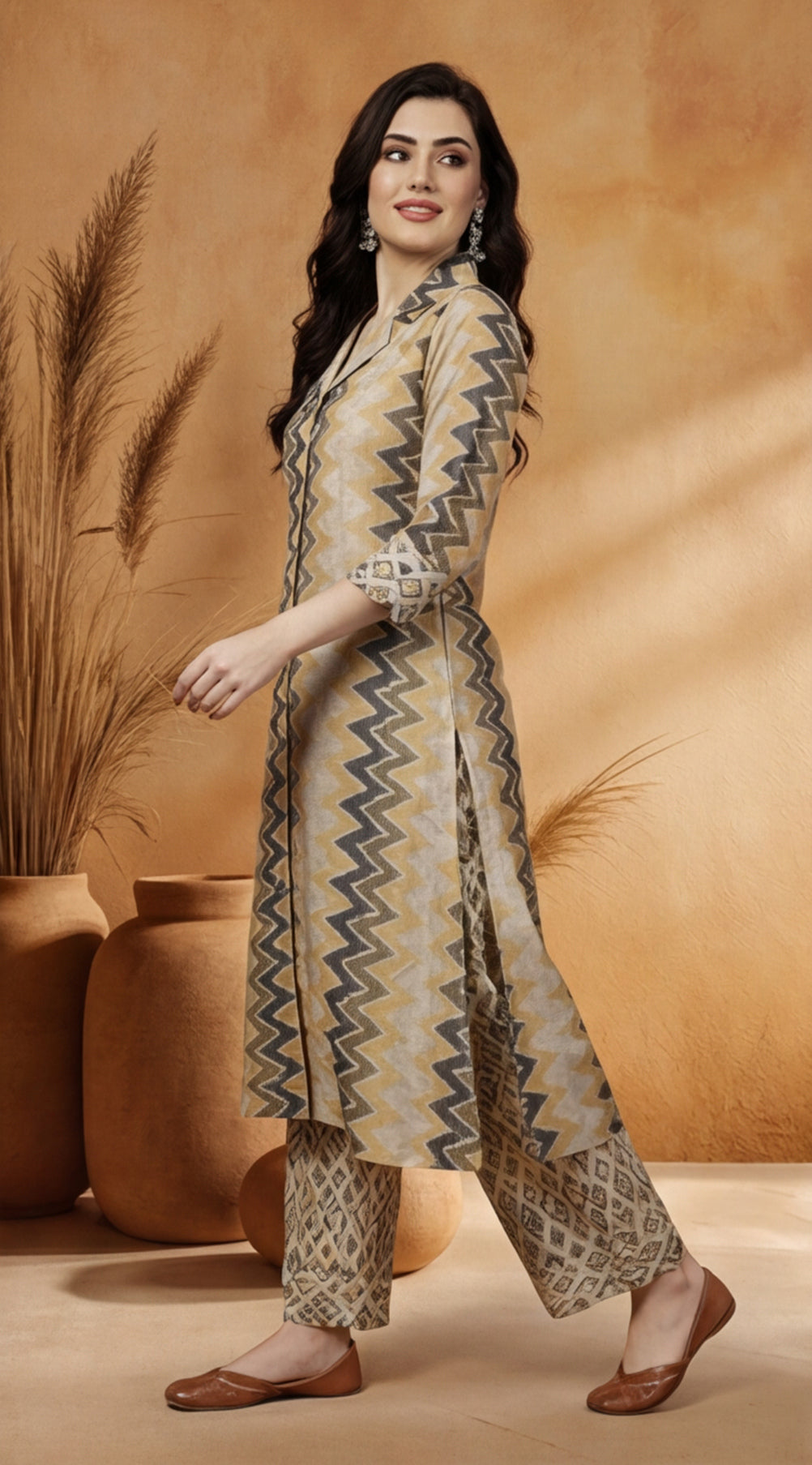 Green Geometric Printed A-line Kurta With Palazzo