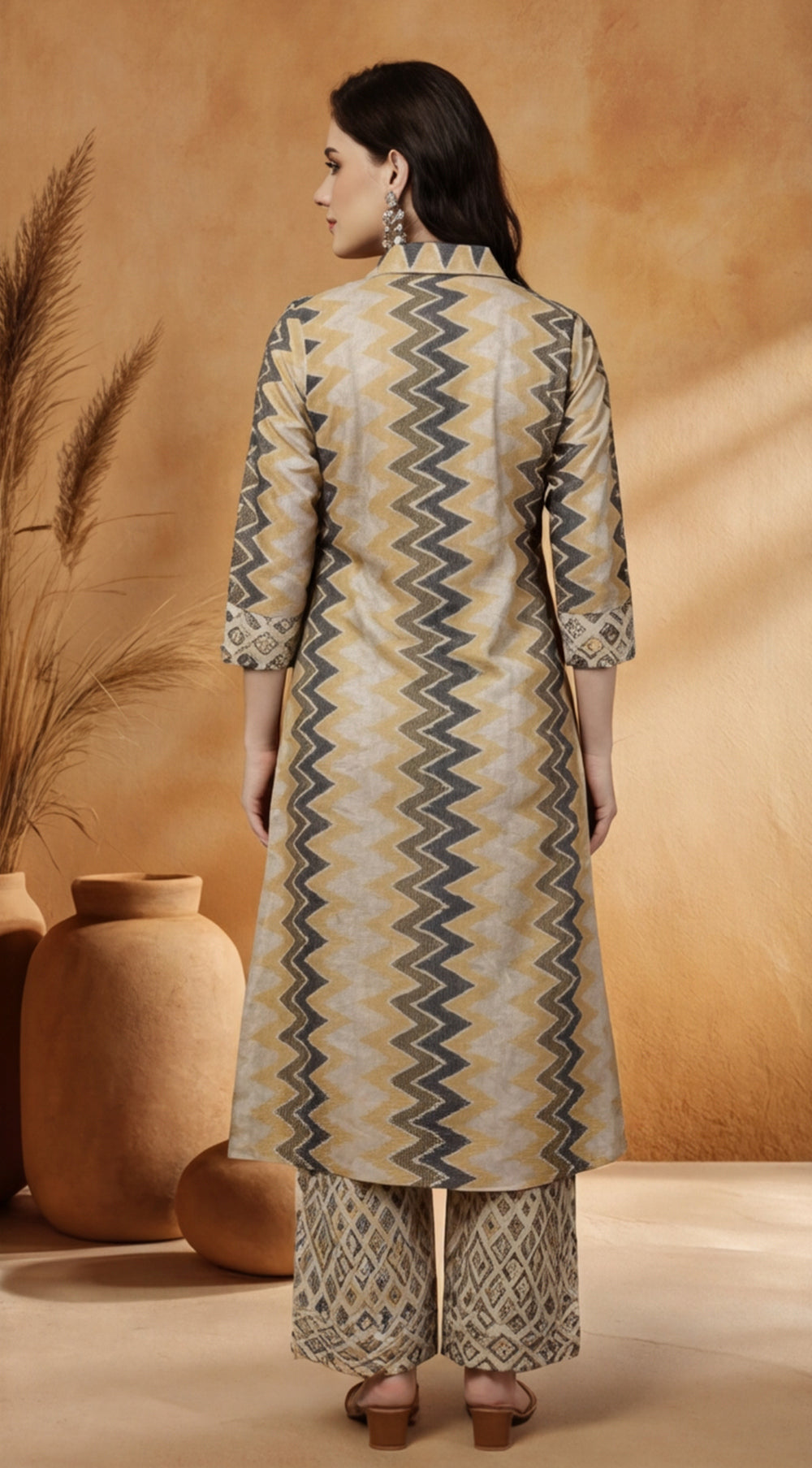 Green Geometric Printed A-line Kurta With Palazzo