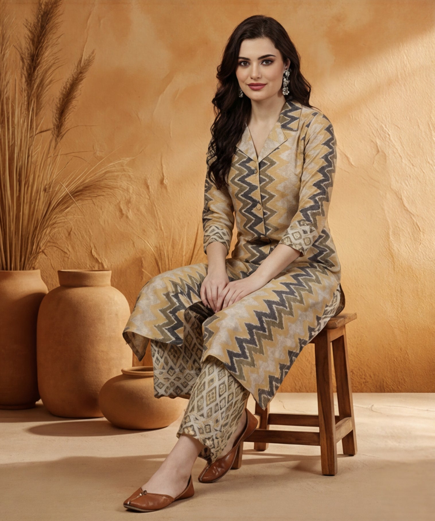 Green Geometric Printed A-line Kurta With Palazzo