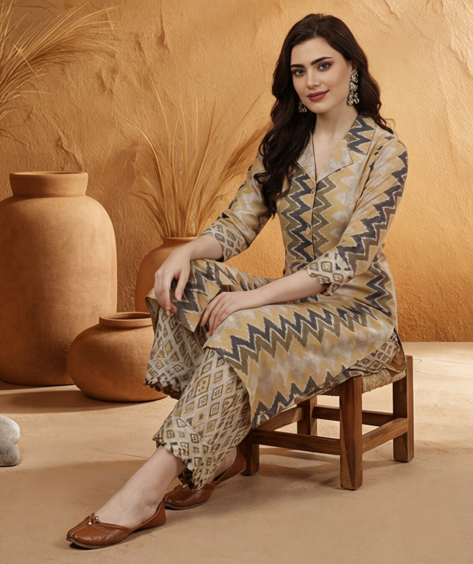 Green Geometric Printed A-line Kurta With Palazzo