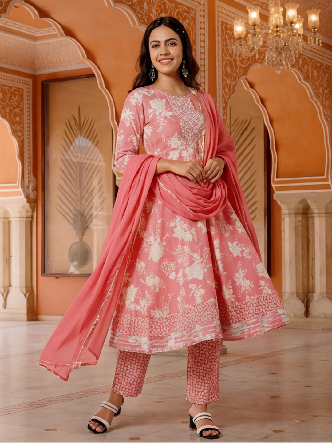 Peach Floral Print Flared Kurta With Pants And Dupatta