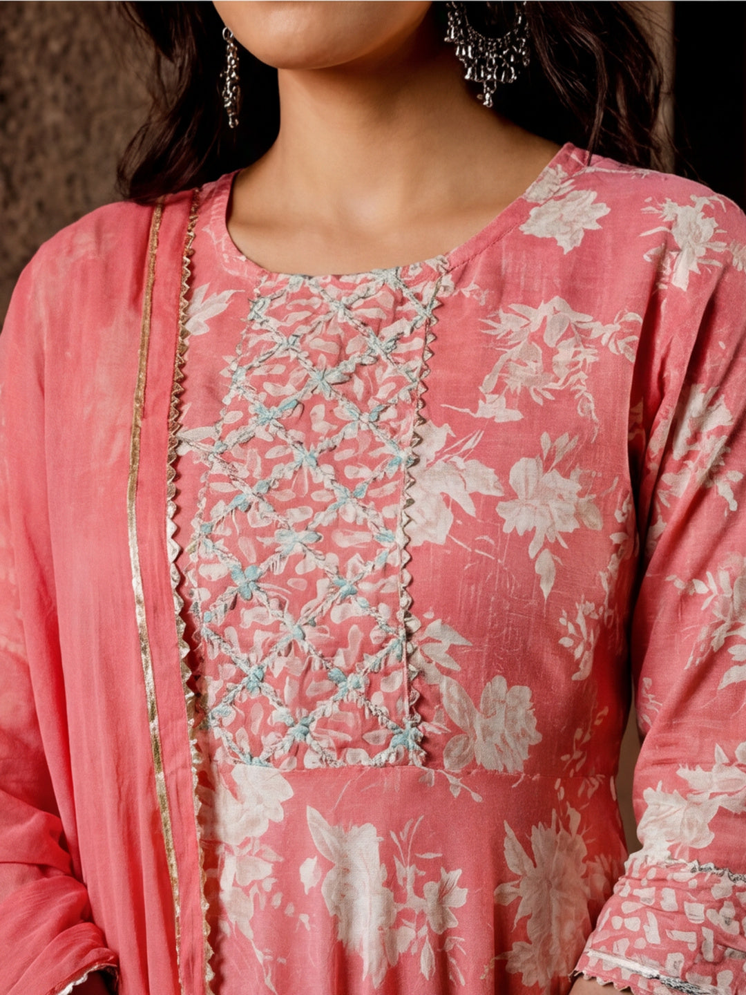 Peach Floral Print Flared Kurta With Pants And Dupatta
