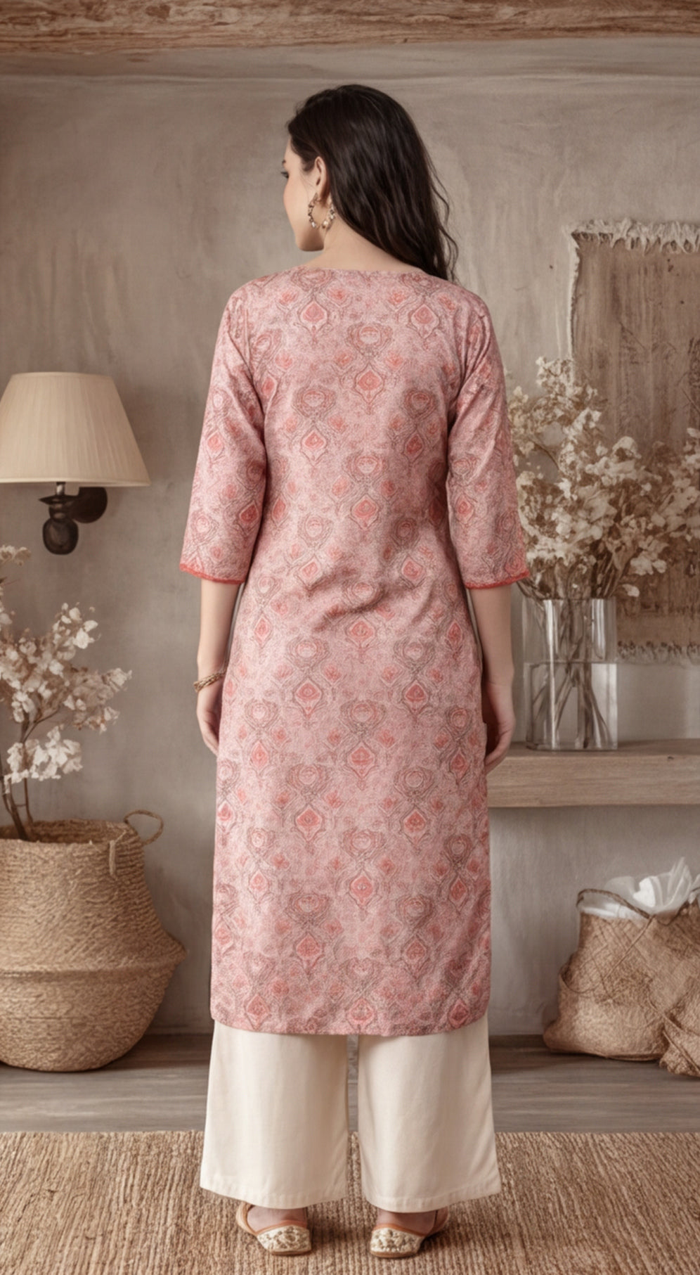 Ethnic Printed Peach Straight Kurta With Lace